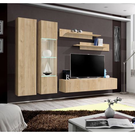 Ensemble meuble TV mural Fly A5 avec vitrine et éclairage LED - Bois MDF chêne Hickory Jackson - 240 x 170 x 40 cm - Livraison gratuite