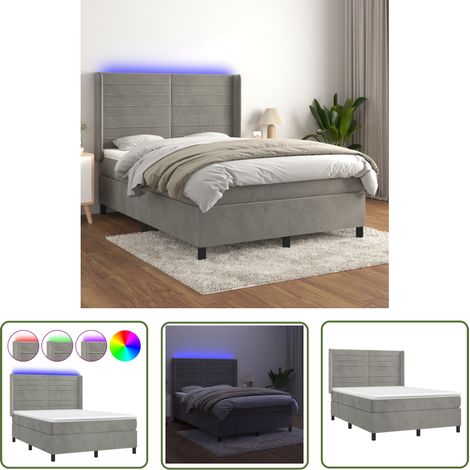 The Living Store Sommier à lattes de lit matelas et LED Gris clair 140x190 cm - Lit Plateforme - Lit Design - Lit Capitonné - Lit Velours - Lit Avec Éclairage Led (1/5)