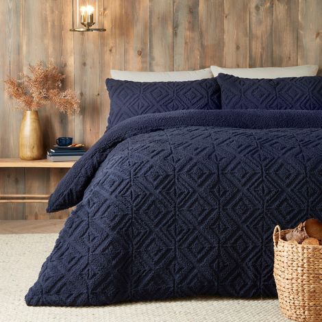 Housse de Couette en Polaire Bleu Marine Lit Simple 140 x 200 cm Design réversible Housse de Couette Jacquard Bleu foncé Parure de lit touffetée carrée géométrique Polaire Douce (1/4)