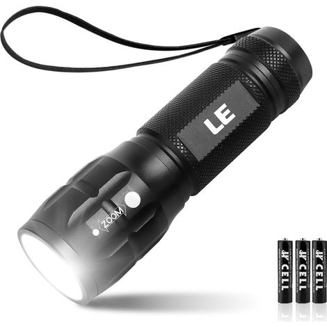 LED Torch alimenté par batterie, LE1000 Super Lumière lampe de poche à main, Focus réglable, Résistant à l'eau, Petite torche légère pour coupure de courant, Camping