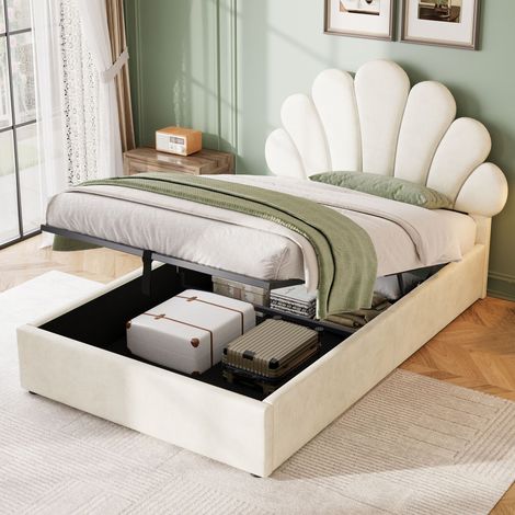 3ft Single Upholstered Hydraulic Bed with Adjustable Chic Petal Headboard, Soft Velvet Bed Frame with Hydraulic Storage, Petal Bed with Solid Wood Slat, No Box Spring Needed, Beige (No Mattress)
