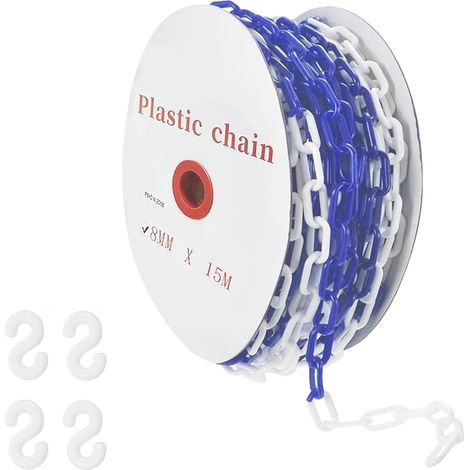 Chaîne de barrière en plastique, 8 mm x 15 m, chaîne d'avertissement en plastique avec 4 crochets en S, chaînes de barrière pour chantier, parking, files d'attente et entretien des commandes (bleu (1/5)