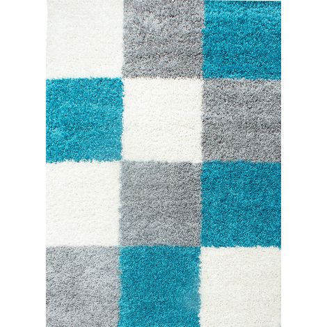 Tapis Shaggy Poils Longs Motifs Carreaux (Gris / Blanc / Turquoise - 60x110cm) (1/5)