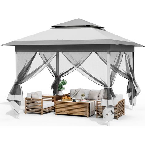 One Push Tonnelle de Jardin Pliante,Tente de fête 3,3 x 3,3m avec 4 Toiles Moustiquaires,4 Sacs de Sable,imperméable,pour marché/Camping(Gris)