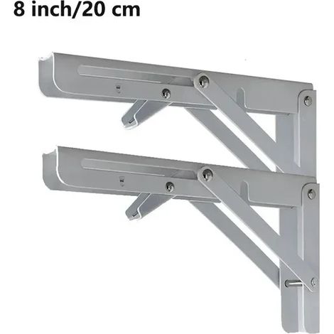 (Blanc 20 cm) 2 supports d'angle triangulaires pliables, robustes et réglables, pour fixation murale, banc, table ou étagère. (1/5)