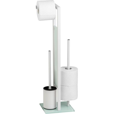 Combiné WC 3 en 1 Brosse WC et Dérouleur Papier Toilette Stockage Papier Tête de Brosse remplaçable Acier INOX Blanc et Verre trempé 18x70x23 cm Blanc (1/5)