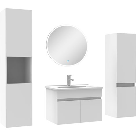 Acezanble meuble Salle de Bain Blanc 60cm simple vasque + colonne + miroir rond LED (1/5)