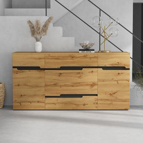 Coloris bois et noir, rangement optimisé avec sideboard 160 cm à 2 portes et 4 tiroirs pour salon (1/5)