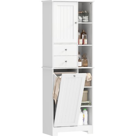 Armadietto da Bagno Bianco, Cesto Biancheria Inclinabile, Cassetti