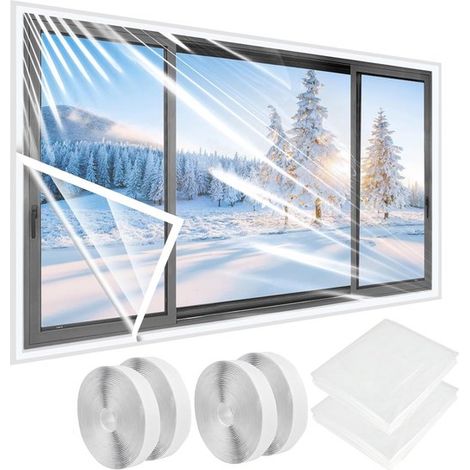 Kit d'isolation thermique pour fenêtres, lot de 2 films plastiques transparents 47 x 63 pouces, découpables pour hivernage, avec ruban adhésif, protection contre le froid (1/5)