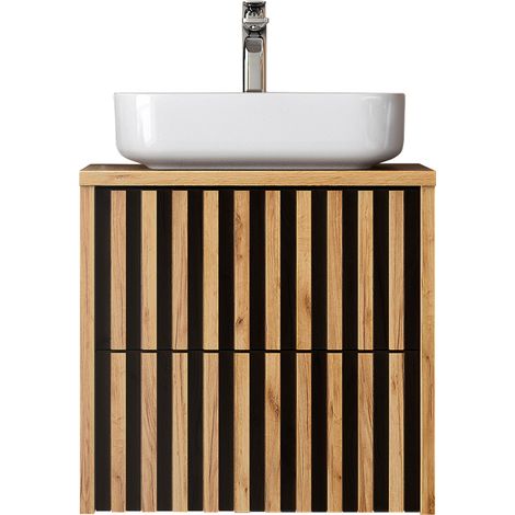 Waschtisch 60 cm mit Keramik Aufsatzwaschbecken LUCCA-107 in Eiche Nb. mit schwarz, B/H/T: ca. 60,4/75,5/45,5 cm (1/5)