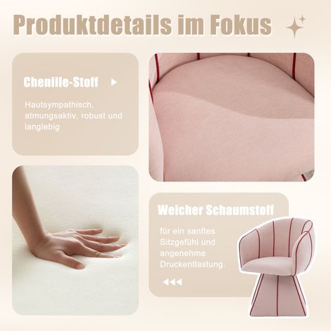 Fauteuil pivotant en chenille rose, emballé individuellement, convenant aux adultes et aux adolescents. Design ergonomique avec dossier haut, idéal pour les chambres et les salons. (1/5)