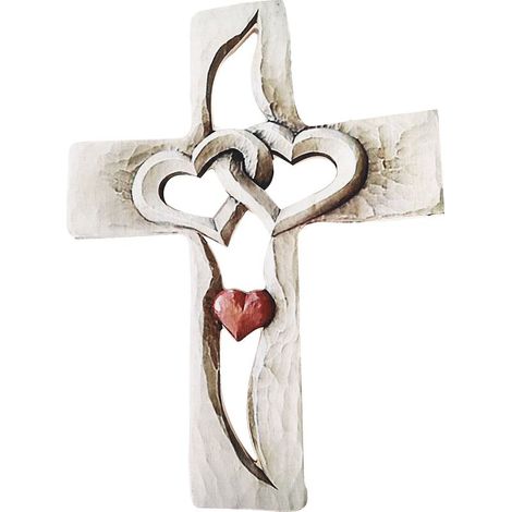 Croix en bois sculpté cœurs entrelacés suspension murale croix artisanale pour salon bureau chambre décoration motif cœur rouge (1/5)