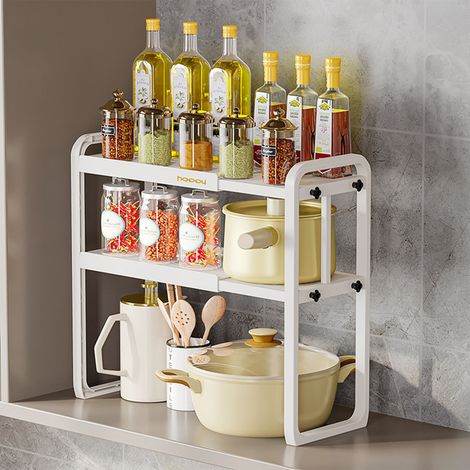 Étagère de cuisine blanche double couche télescopique en plastique, organisateur de rangement pour plan de travail, éviers et cuisinière - 8512 (lot de 2) (1/5)
