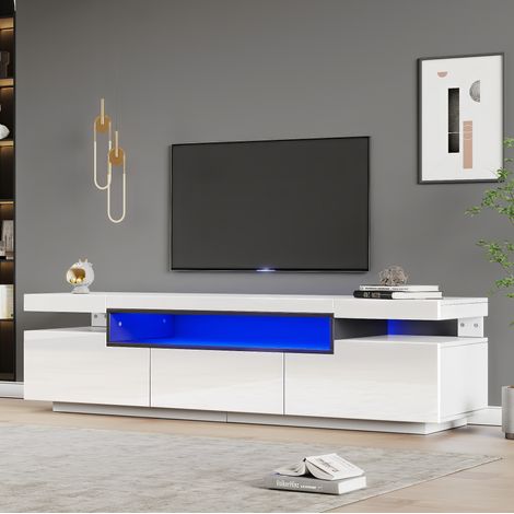 Meuble TV en panneaux de particules blanc 160 x 39 x 42 cm, façade brillante, 3 tiroirs, LED 16 couleurs (1/5)