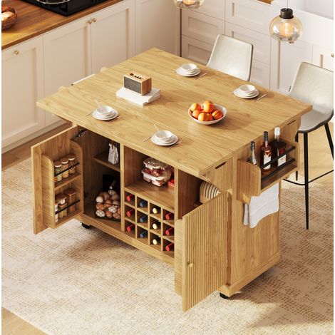 Mueble de cocina multifunción con ruedas, encimera extensible, natural OKMYHOME (1/5)