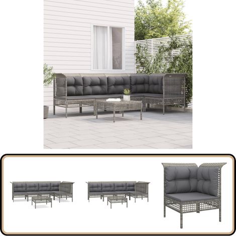 Salon de jardin 6 pcs avec coussins Gris Résine tressée - Salon De Jardin - Mobilier De Jardin - Set De Salon De Jardin - Meubles De Jardin - Chaise De Jardin