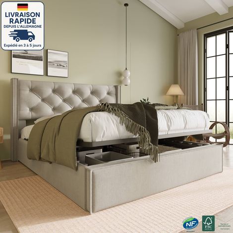 Lit coffre 151 x 203 cm, lit double pour adulte/enfant, sommier à lattes, coton, sans matelas, beige/gris (1/5)