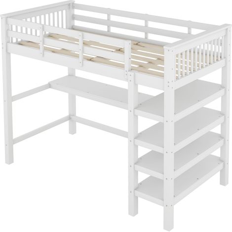 Letto a soppalco per bambini 90 x 200 cm con scrivania e ripiani, bianco, MODENUIT (1/4)