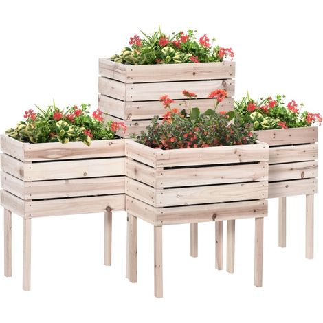 Huerto elevado de madera natural con forro interior de plástico 50 x 30 x 60 cm, 4 piezas (1/5)
