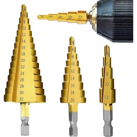 Set de 3 forets et scies cloches – 4-12/20/32 mm – Haute dureté – Pour acier, bois, plastique, laiton (1/5)