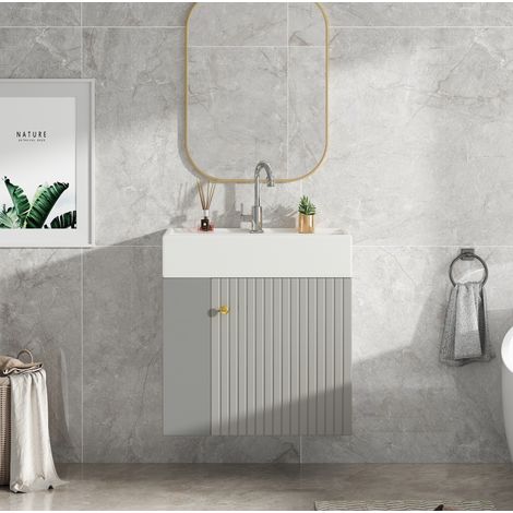 Mueble lavabo suspendido 55x31x66,5 cm en aglomerado gris, lavabo integrado – MEUBLIV (1/5)