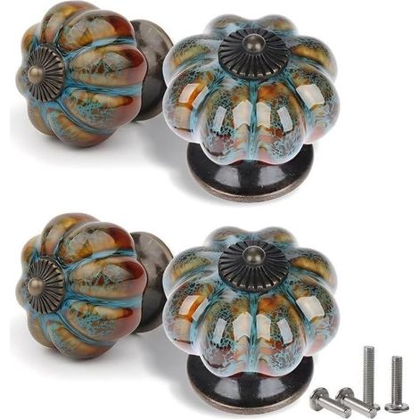 Set of 4 handles of drawer in ceramic in shape of citrouille with screw assorties, style european vintage with motif leopard blue, for cabinets, cabinets and drawers (1/5)