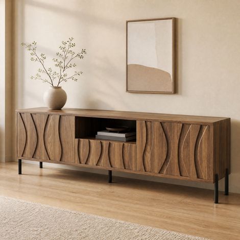 Meuble TV 160 cm marron – Avec 3 portes ondulées et Gestion des Câbles – Pieds en fer – Style scandinave élégant – 160 x 35 x 46 cm