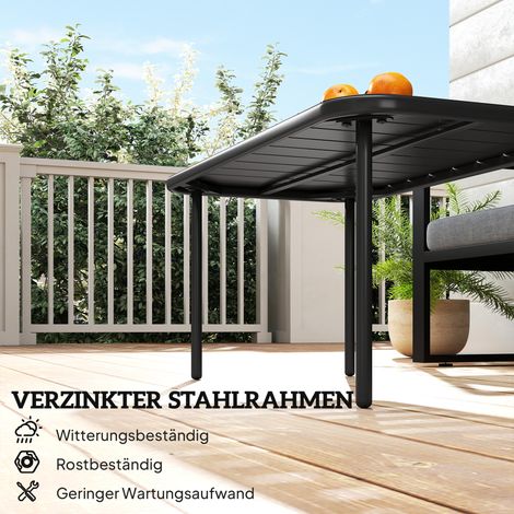 Table de jardin rectangulaire en métal robuste, résistant aux intempéries, avec plateau à lattes pour terrasse et extérieur