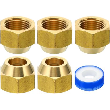 5Pcs Brass Flare Nut 1/2 SAE Brass Flare Tube Fitting 45 Degree Copper Pipe Fitting Brass Pipe Fitting Cap with Adhesive Tape for Water Gas Pipe, Shiny (1/5)