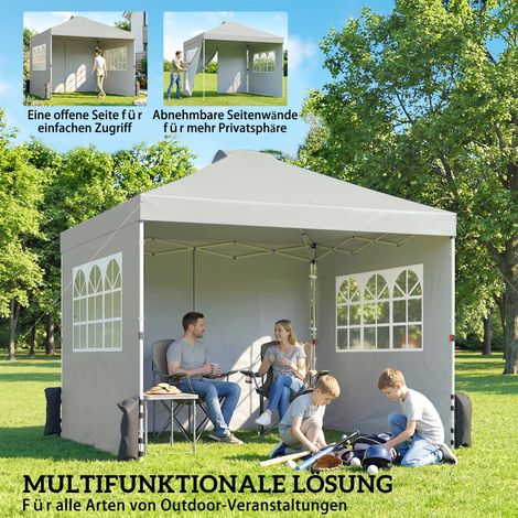 Pavillon pliable 3x3 m imperméable, hauteur ajustable, avec 3 parois latérales, aération par fenêtre, anti-UV 50+, gris clair (1/4)