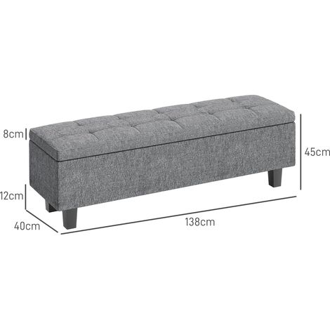Banc coffre capitonné en lin, banquette de rangement avec pieds bois, assise moderne pour couloir, chambre ou séjour, dimensions 138x40x45 cm, teinte anthracite. (1/5)