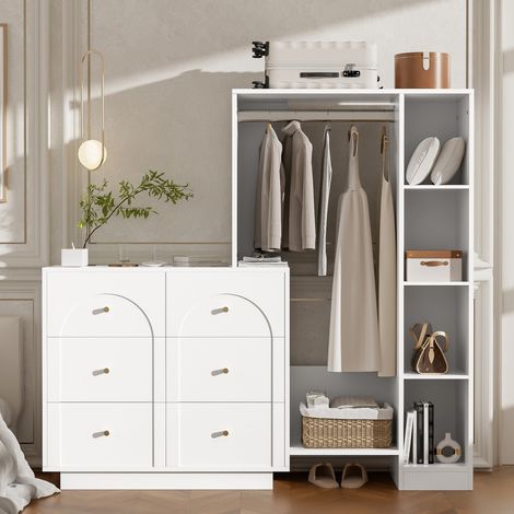 Armoire moderne blanche 139x35x133cm, penderie ouverte 6 tiroirs étagères latérales, meuble rangement pour chambre (1/5)
