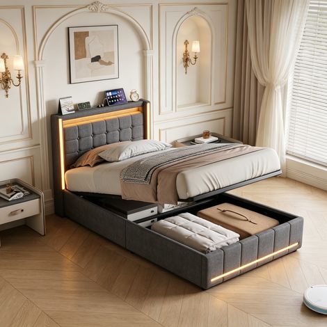 Lit coffre  90x200 cm, avec LED, sommier à lattes en bois, cadre en métal,gris (1/5)