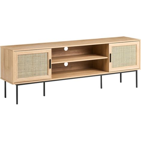 Mobile Porta TV a 2 Ante in Rattan e Gambe in Metallo 180 x 63 cm Legno Chiaro Pasco