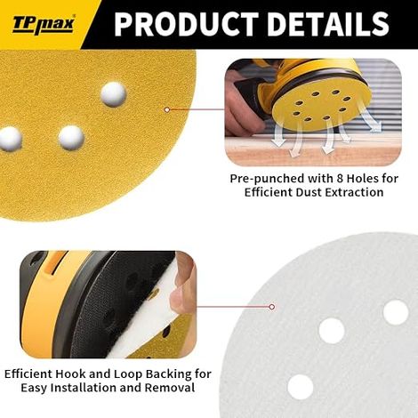 Disques Abrasifs Auto-agrippants 125mm 8 Trous Papier de Ponçage Mixte Grain 60/80/120/220/320, Disques Ponceuse Orbitales, Crochet et Boucle, Pour Meulage et Polissage du Bois et Métal (1/3)