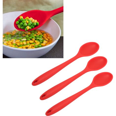 Lot de 3 cuillères en silicone antiadhésives pour la cuisine, louches à riz, louches à soupe, rouges, pour cuiseur à riz. (1/5)