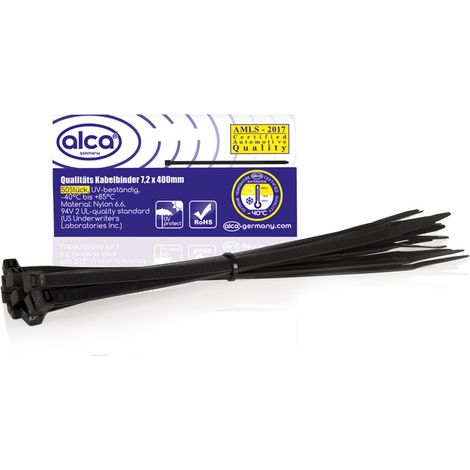 alca® Kabelbinder 7,2400mm 50 St. schwarz 55 kg Zugfestigkeit UV-beständig für Innen- und Außen Kabelbefestigung Nylon temperaturbeständig