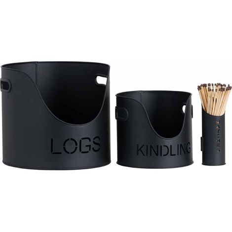 Logs and Kindling Buckets and Matchstick Holder - Metal - H32 cm - Black
