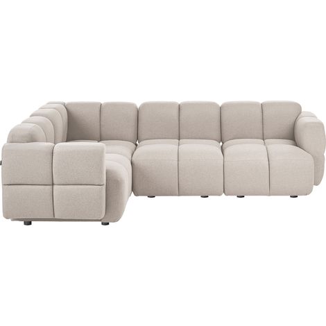 Sofá modular de 4 plazas esquinero derecho moderno compuesto por cuatro módulos seccionales tapizado en tela beige Maksaberg (1/5)