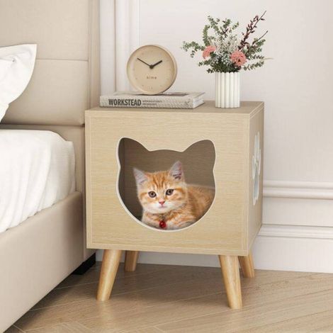 Pour le salon, cache-litière discret et espace confortable : meuble pour chat avec fenêtre patte et pieds en bois d'hévéa (1/5)