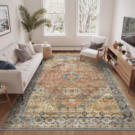 Tapis Salon Vintage 200x290cm Lavable en Machine Rug Grand AntidéRapant Poil Ras, pour Chambre Salle a Manger Descente de Lit Bureau, Cuisine, Terracotta (1/5)