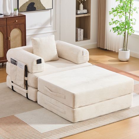 Canapé modulable avec pouf, velours côtelé beige, structure métal, 190 x 112 x 67 cm DESVIAE (1/5)