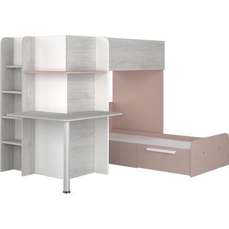 Letto a castello ad angolo con Scrivania 2 x 90 x 190 cm Grigio, Bianco e Rosa - SAMUEL