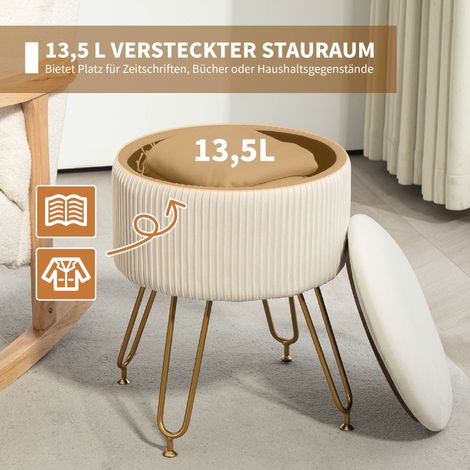 Tabouret de rangement 2 en 1 avec pieds métalliques, repose-pieds rond blanc crème pour salon, chambre, couloir (1/4)