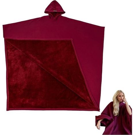 Couverture à capuche portable 125 cm – Plaid polaire oversize avec manches – Poncho chaud et doux unisexe pour adultes – Pour intérieur détente et extérieur – Rouge (1/5)