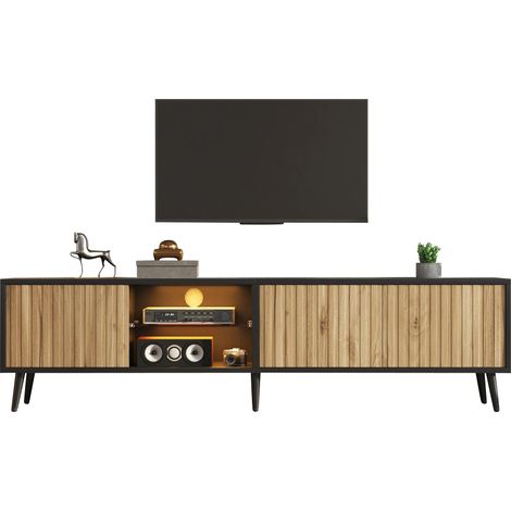 Meuble TV avec LED 175cm , Bois Naturel & Noir, Verre trempé, 3 Espaces de rangement, Convient TV 75 pouces (1/5)