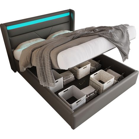Lit coffre 160x200 cm avec LED et télécommande, tête de lit en cuir régénéré gris, grand rangement hydraulique, structure stable pour chambre moderne - CHICFURN (1/5)