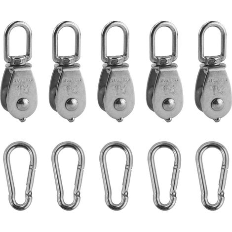 Juego de poleas de 6 piezas – acero inoxidable + 6 mosquetones – para toldo/fitness/cabrestante – plata (1/4)
