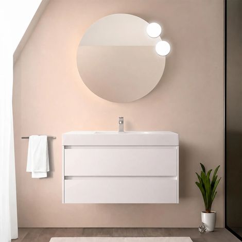 Mobile bagno sospeso 90 cm bianco lucido con due cassetti e lavabo in resina Gaya (1/5)